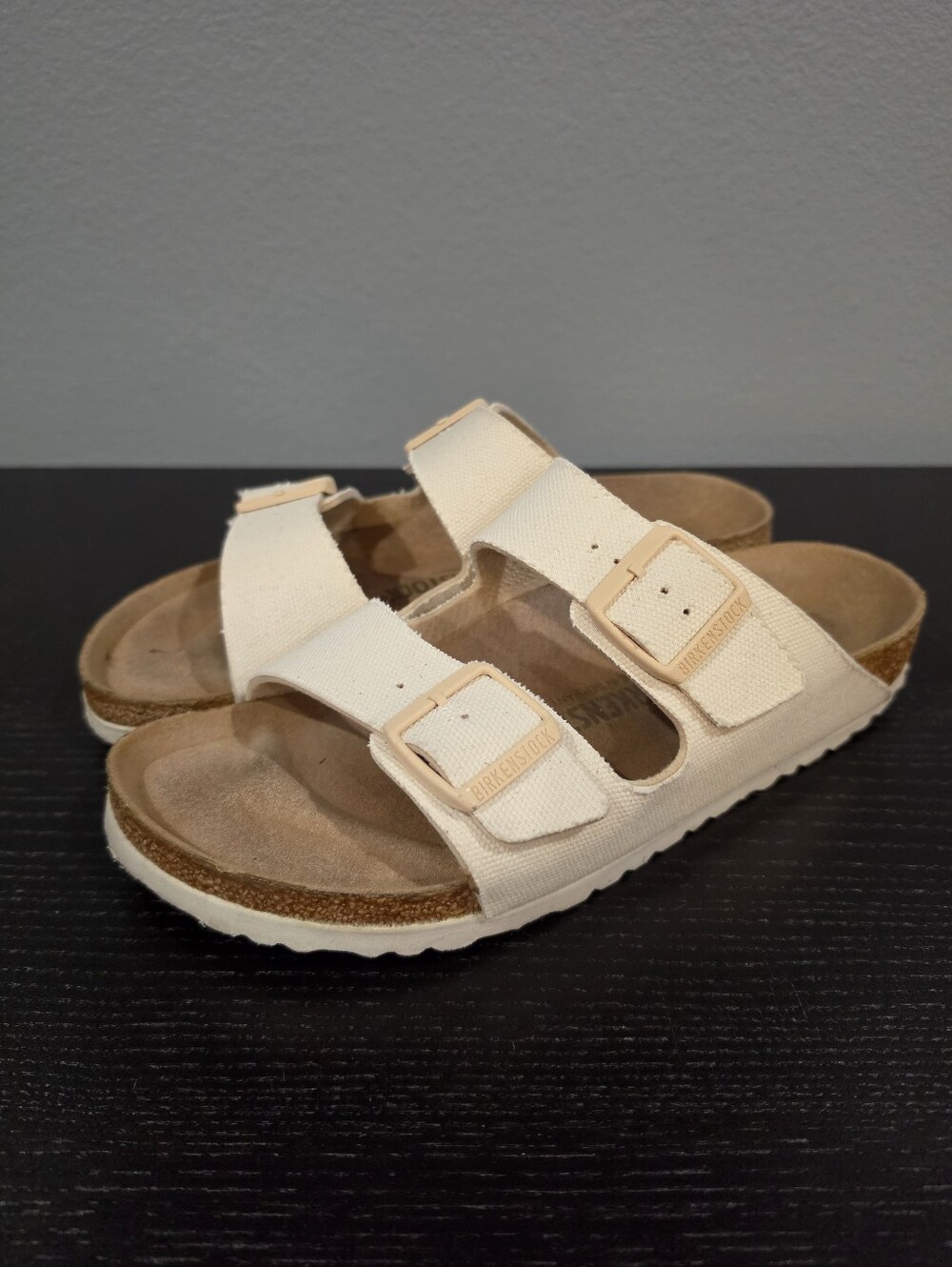 BIRKENSTOCK Arizona Rivet Logo Vegan Canvas Sandals Eggshell Cream White Size 41
